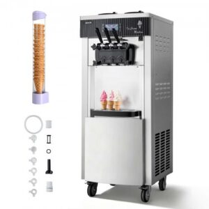 Komerciāla mīkstā saldējuma iekārta, 20–28 l/h, 2200 W, 3 garšas, 2 x 6 l tvertnes, iepriekšējā dzesēšana, pašattīrīšana