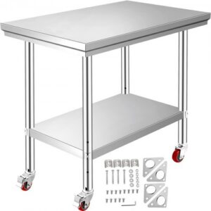 Ruostumattomasta teräksestä valmistettu työpöytä, 30, 7 x 61 x 86, 2 cm, kantavuus 317, 5 kg, 4 pyörää