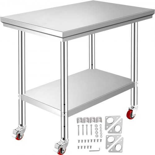 Ruostumattomasta teräksestä valmistettu työpöytä, 30, 7 x 61 x 86, 2 cm, kantavuus 317, 5 kg, 4 pyörää