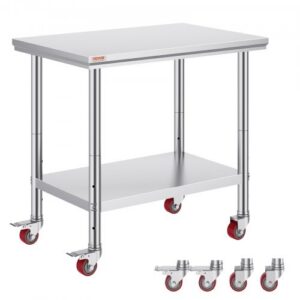 Ruostumattomasta teräksestä valmistettu työpöytä 900 x 600 x 850 mm, kantavuus 318 kg, 4 pyörää, 3 korkeustasoa, hopea
