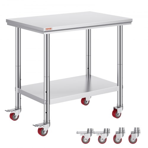 Ruostumattomasta teräksestä valmistettu työpöytä 900 x 600 x 850 mm, kantavuus 318 kg, 4 pyörää, 3 korkeustasoa, hopea