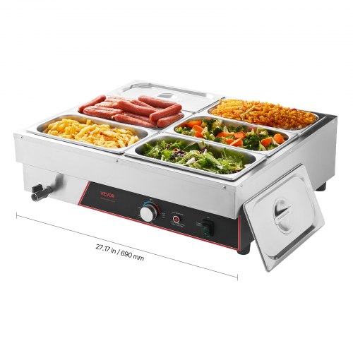 Kaupallinen ruoanlämmitin, 1500 W sähköinen ruostumattomasta teräksestä, 6 astian pöytämallinen buffet Bain Marie, kannella