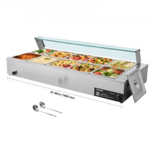 Kaubanduslik toidu soojendaja, 1700 W elektriline, 10 anumaga lauapealne buffet-soojendaja, klaaskattega