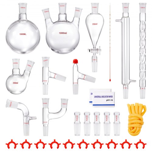 Laboratorijas destilācijas komplekts, 3,3 boro stikla, ar 24/40 savienojumu, 1000 ml, 29 detaļu stikla trauku komplekts