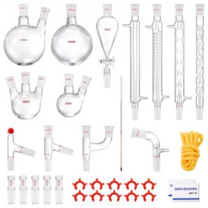 Laboratorijas destilācijas komplekts, 3,3 borosilikāta stikla, 24/40 savienojums, 1000 ml, 32 daļu stikla trauku komplekts