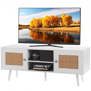 Rotango TV spintelė, boho stiliaus, 140 cm televizoriui, balta
