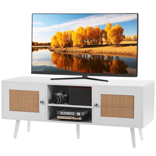Rotango TV spintelė, boho stiliaus, 140 cm televizoriui, balta