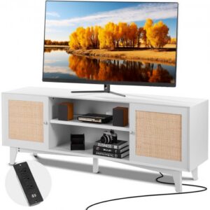 Rataninė TV spintelė , balta, 168 x 40 x 64 cm, iki 191 cm televizoriui