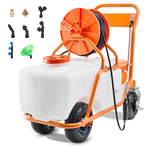 Vejos purkštuvas su ratukais, 60 l talpa, reguliuojamas slėgis 0–90 PSI, 8 purkštukai, 2 kotai