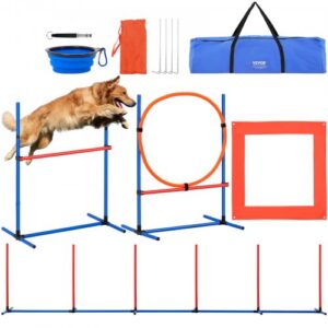 Koerte agility treeningvarustus, 4-osaline komplekt reguleeritavate tõkete, 6 slaalomsaua, hüpperõnga ja pausikarbiga