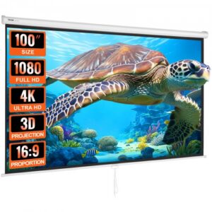 Käsitsi allatõmmatav projektoriekraan, 254 cm 16:9, 4K ja 1080 HD, lukustuv, kaasaskantav