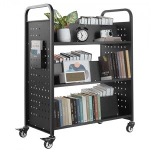 Ripojams bibliotēkas grāmatu rati, 150 kg kravnesība, 97 x 51, 5 x 122, 5 cm, divpusēji W formas plaukti