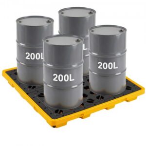 Madal profiiliga 4-tünnine lekkekaitse alus, 117,4 l kogumisvann, 4000 kg kandevõime, 1305 x 1280 x 150 mm, kollane