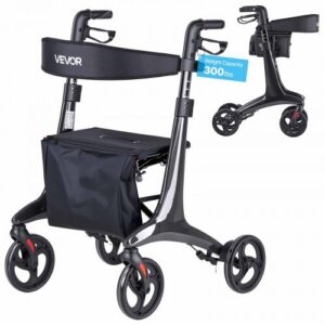 Taitettava rollaattori istuimella, kevyt, hiilikuitua, 203 mm PVC-täysrenkailla ja säädettävällä kahvalla, enintään 136 kg