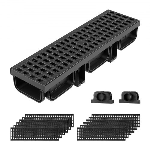 Tranšejas noteka 510 x 140 x 90 mm, 12 gabalu lineārais drenāžas kanāls, HDPE kanāls ar restēm un gala vāciņiem, melns