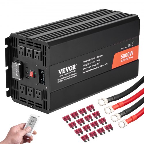 Modifikuotos sinusoidės keitiklis, 5000 W, DC 12 V į AC 230 V, su 2 AC lizdais, 2 USB, 1 USB-C, LCD ir nuotoliniu valdymu
