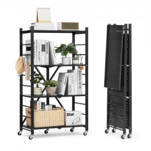 4-tasandiline kokkupandav hoiuriiul, 660 x 330 x 1170 mm, 5 rattaga ja 4 konksuga, must