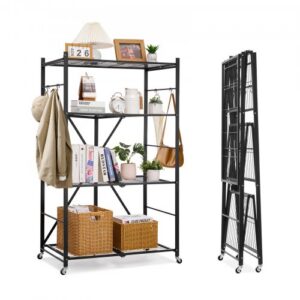 4-tasandiline kokkupandav hoiuriiul, 91 x 53 x 152 cm metallist riiul, 5 rattaga ja 4 konksuga, must