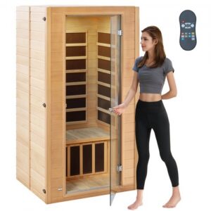 Tolimųjų infraraudonųjų spindulių medinė sauna 1–2 asmenims, hemloko mediena, grūdinto stiklo durys