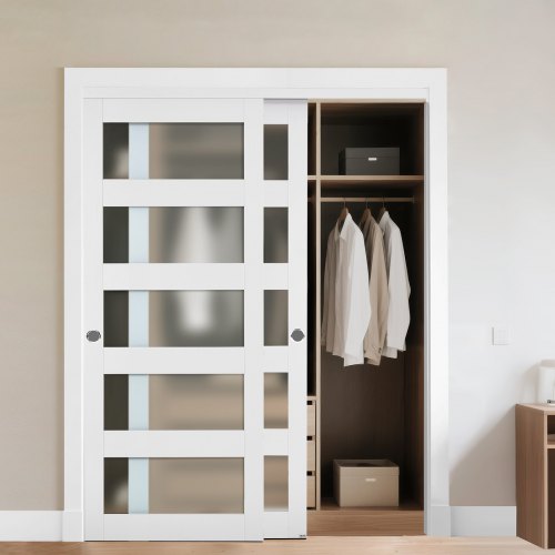 Liukuva vaatekaapin ovi, 1524 mm (2 × 787 mm) x 2032 mm, 5-lasia himmeää lasia by-pass