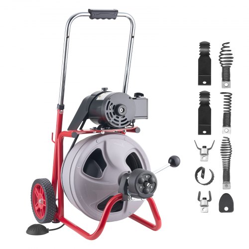 Vamzdžių valymo mašina 22 m x 9,5 mm, automatinio padavimo kanalizacijos sraigtas ant ratų, su 8 peiliais