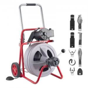Vamzdžių valymo mašina 22 m x 13 mm, automatinio padavimo kanalizacijos sraigtas ant ratų, su 8 peiliais
