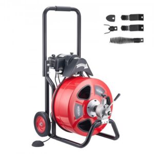 Drenažo valymo mašina 30 m x 19 mm, automatinio padavimo kanalizacijos spiralė ant ratų