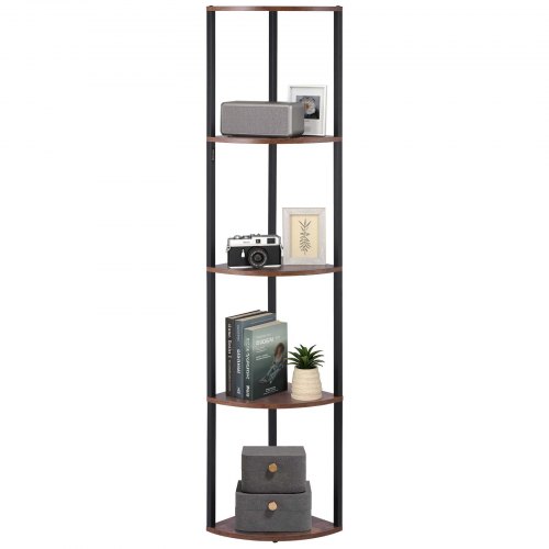 Pastatoma kampinė lentyna su LED apšvietimu, 5 aukštų, metalas ir MDF mediena, juoda/ruda, 30 x 30 x 163 cm