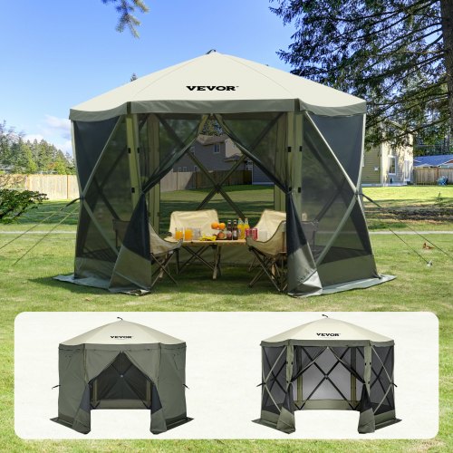 Stovyklavimo pavėsinė su tinkleliu FY-002, 6 kampų, 305 x 305 x 229 cm, armijos žalia