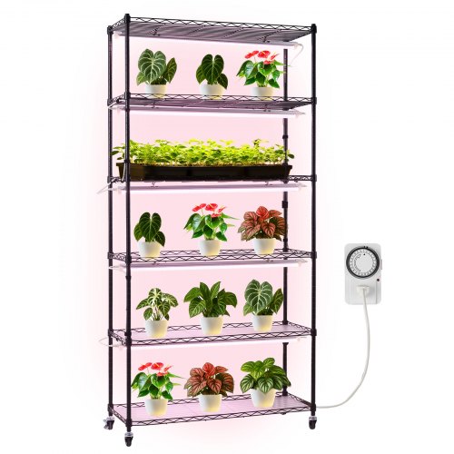6 līmeņu augu plaukts ar augšanas lampām, 180 cm, ar riteņiem, 150 W, modelis 6C18090-T8DP09P5-EU