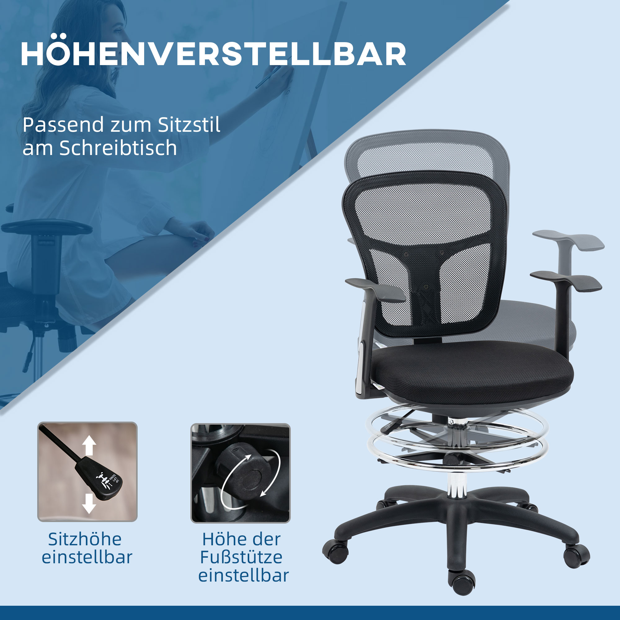 Piirustustuoli jalkatuella, säädettävä korkeus, musta, 59 x 59 x 95-115 cm - Image 4