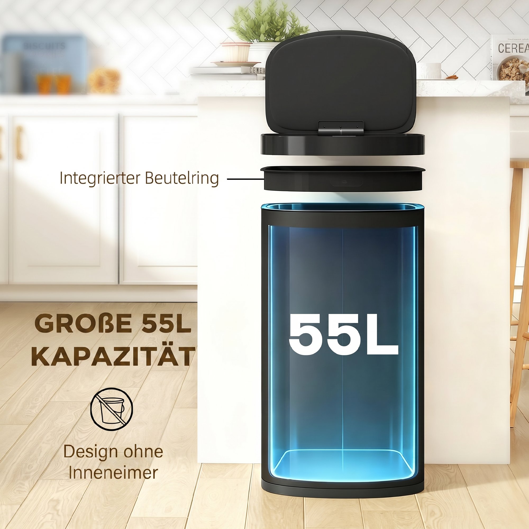 Sensora atkritumu tvertne 55 l, ar mīksto aizvēršanos, nerūsējošais tērauds, melna - Image 5