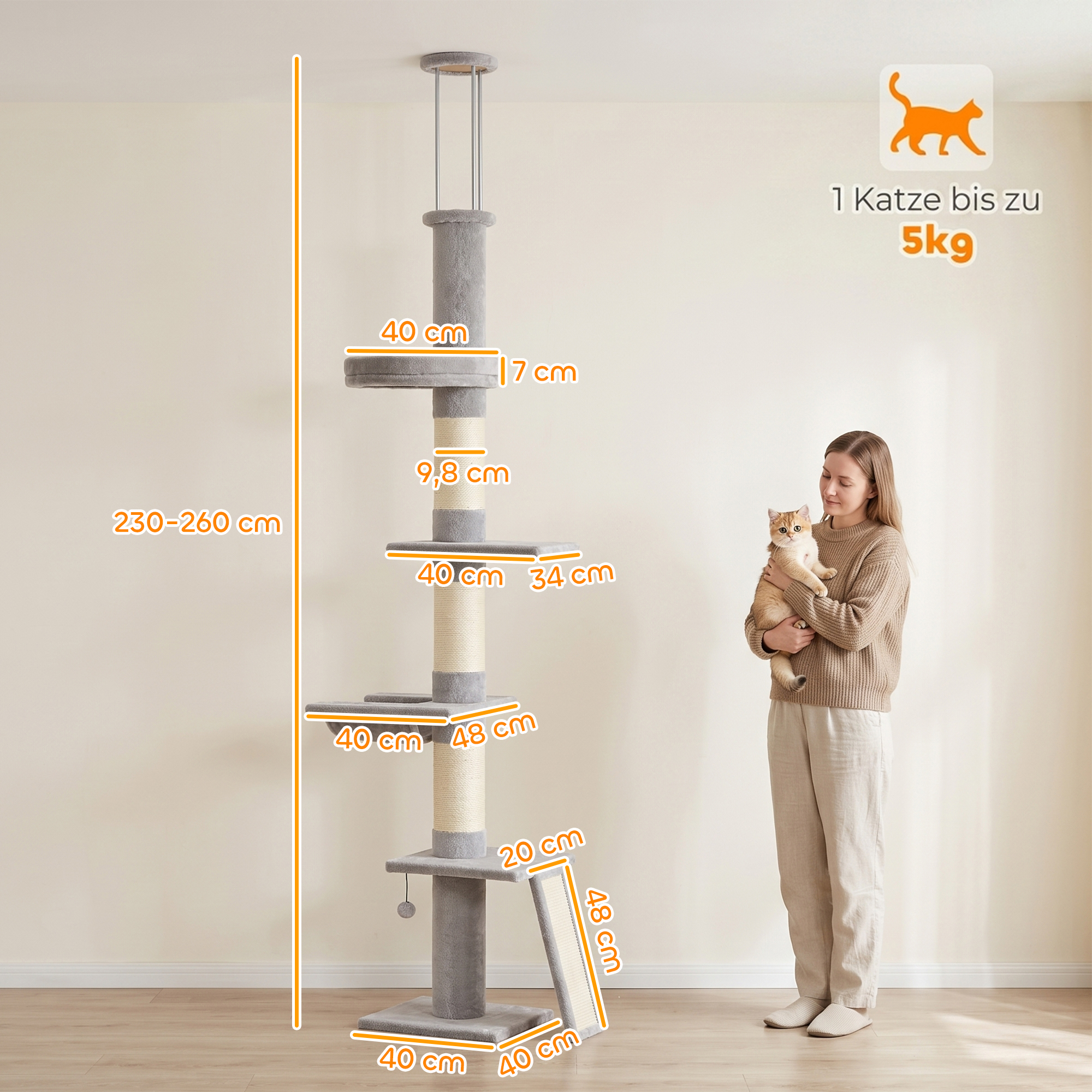 Katės draskyklė iki lubų su 5 lygiais, reguliuojamas aukštis 230-260 cm, šviesiai pilka - Image 3