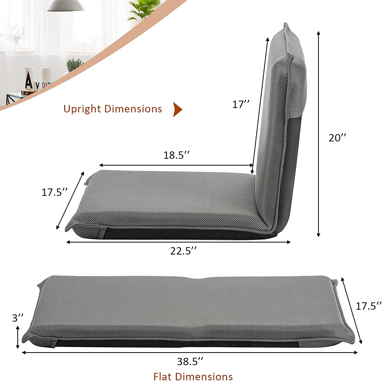 Sulankstoma grindų kėdė, reguliuojama 6 padėtimis, pilka, 100 x 46 x 8 cm - Image 5