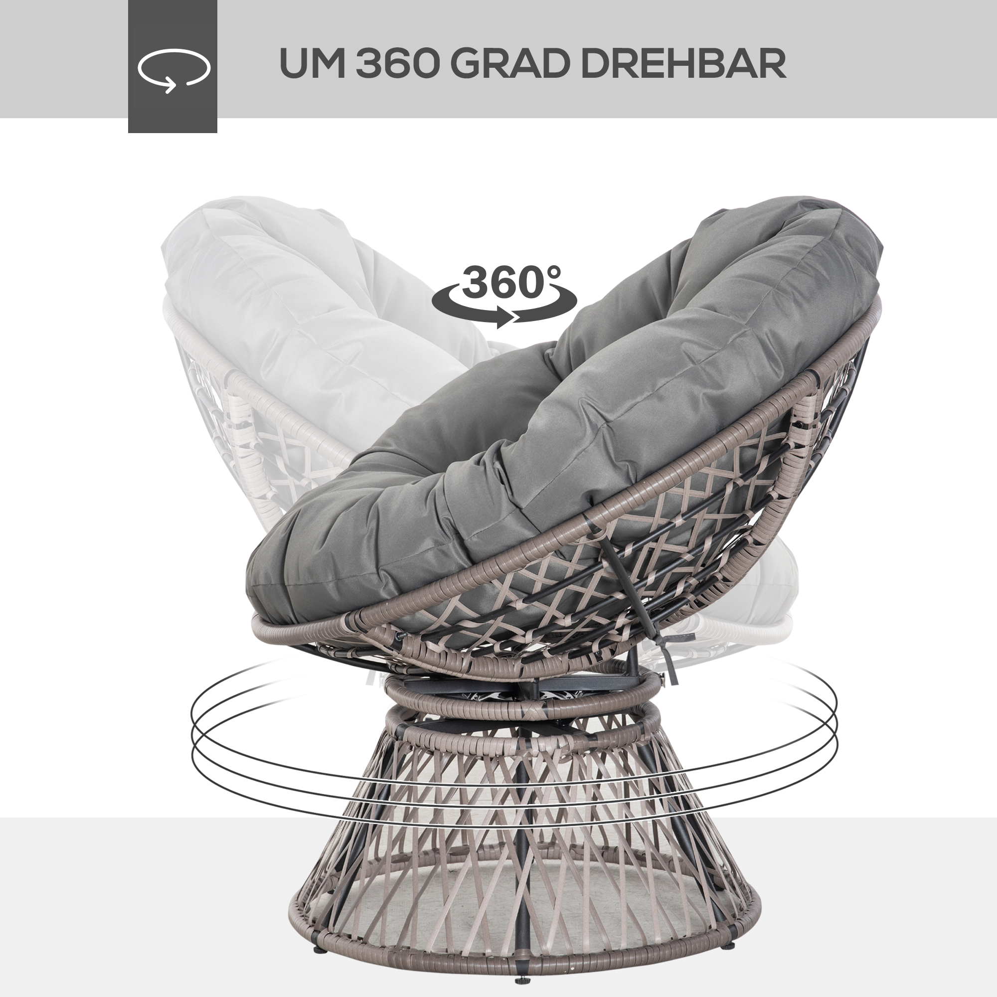 Papasan tipa krēsls ar spilvenu, grozāms 360°, PE rotangs, pelēks, 87 x 97 x 86 cm - Image 4
