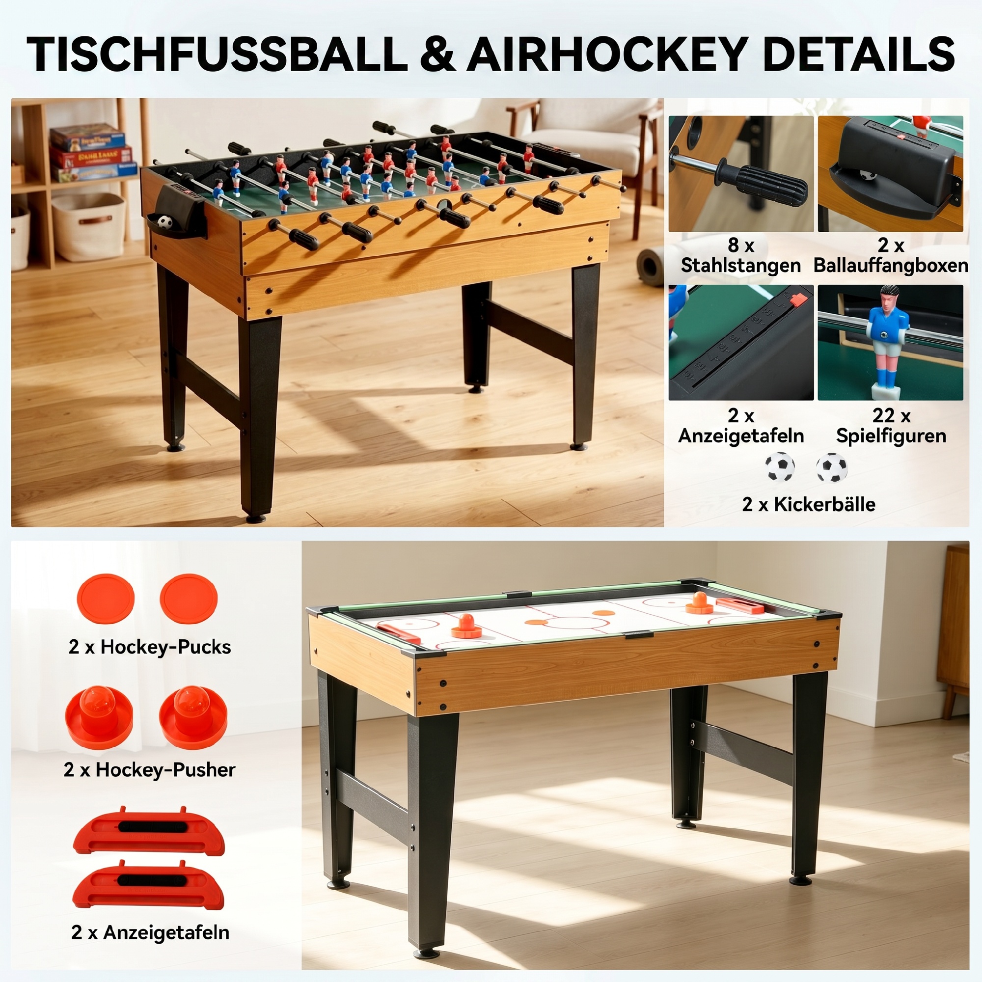 4-in-1 spēļu galds, galda futbols, galda teniss, biljards, galda hokejs, MDF, tērauds, dabīgais koks + melns - Image 6