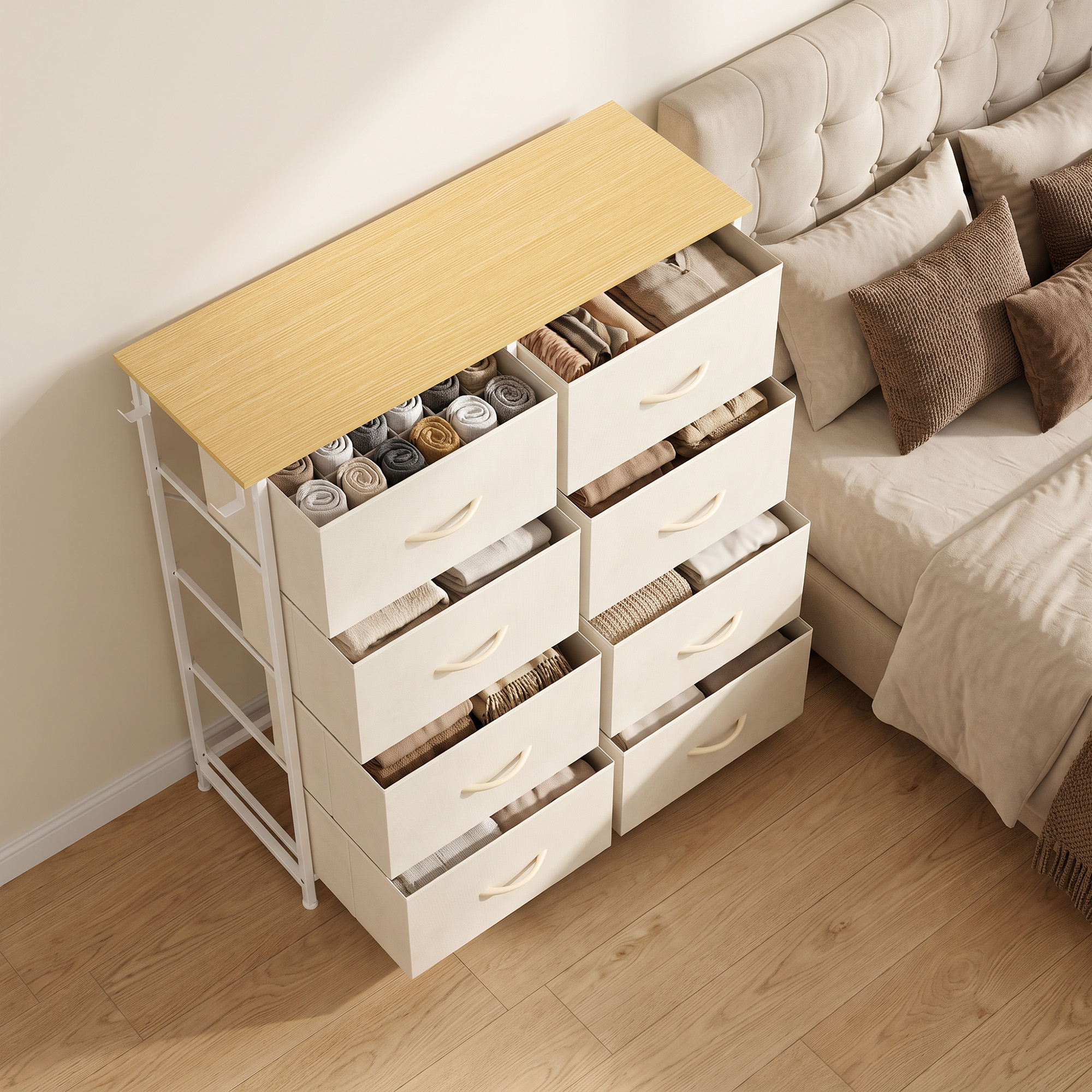 Guļamistabas kumode ar 8 auduma atvilktnēm, tērauda rāmis, bēša, 80 x 30 x 94,5 cm - Image 8