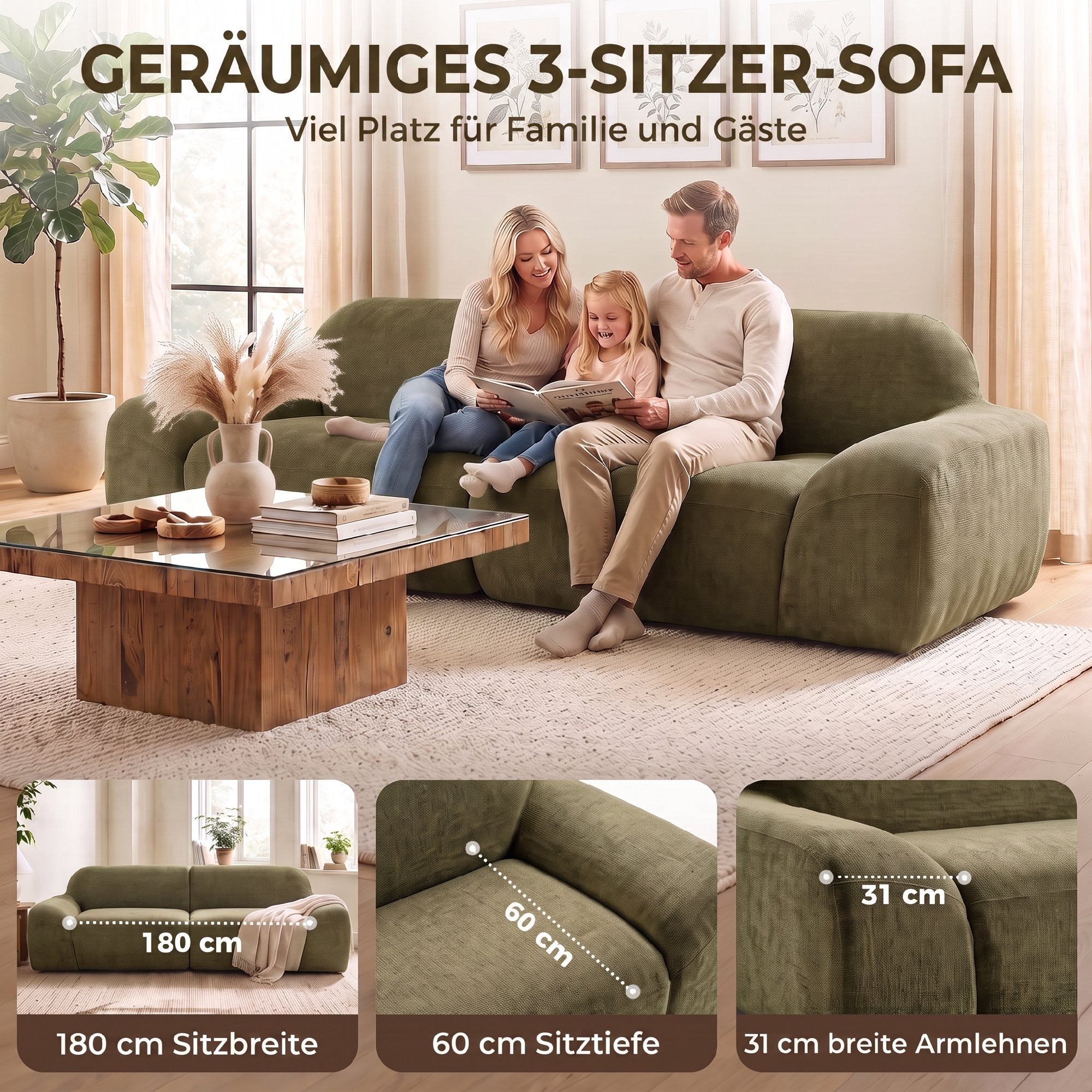 Trivietė sofa, apvali, berėmė, tamsiai žalia, 244 x 95 x 70 cm - Image 4