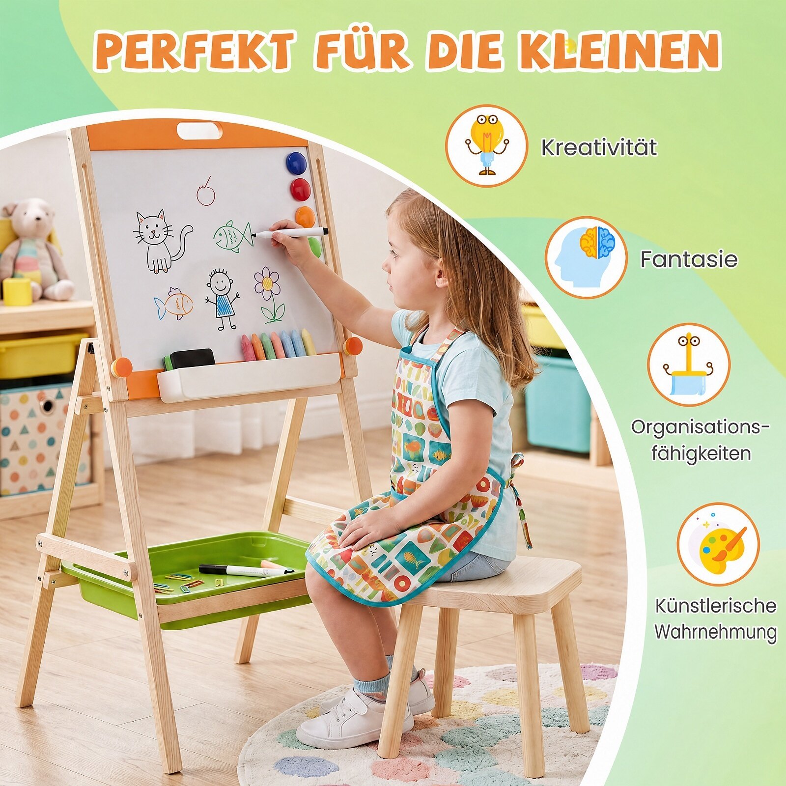 Bērnu 2 vienā molberts zīmēšanai ar magnētisko tāfeli un krīta tāfeli, 74-106 cm - Image 6