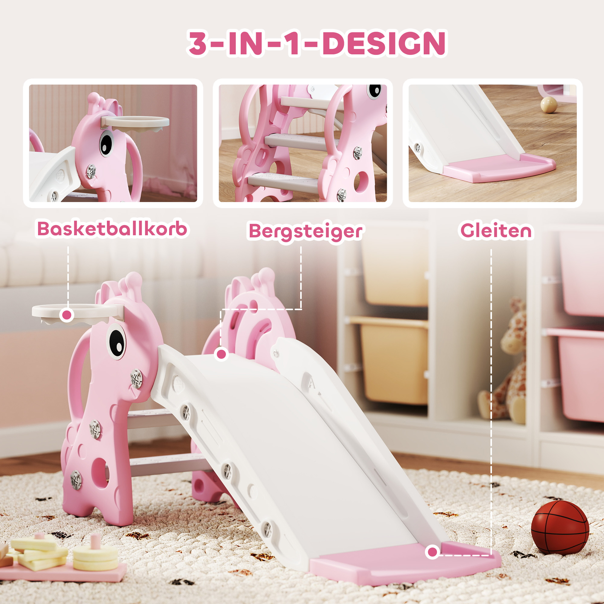 3-in-1 liukumäki lapsille, kirahvin muotoinen, koripallokori, pallo, pinkki - Image 4
