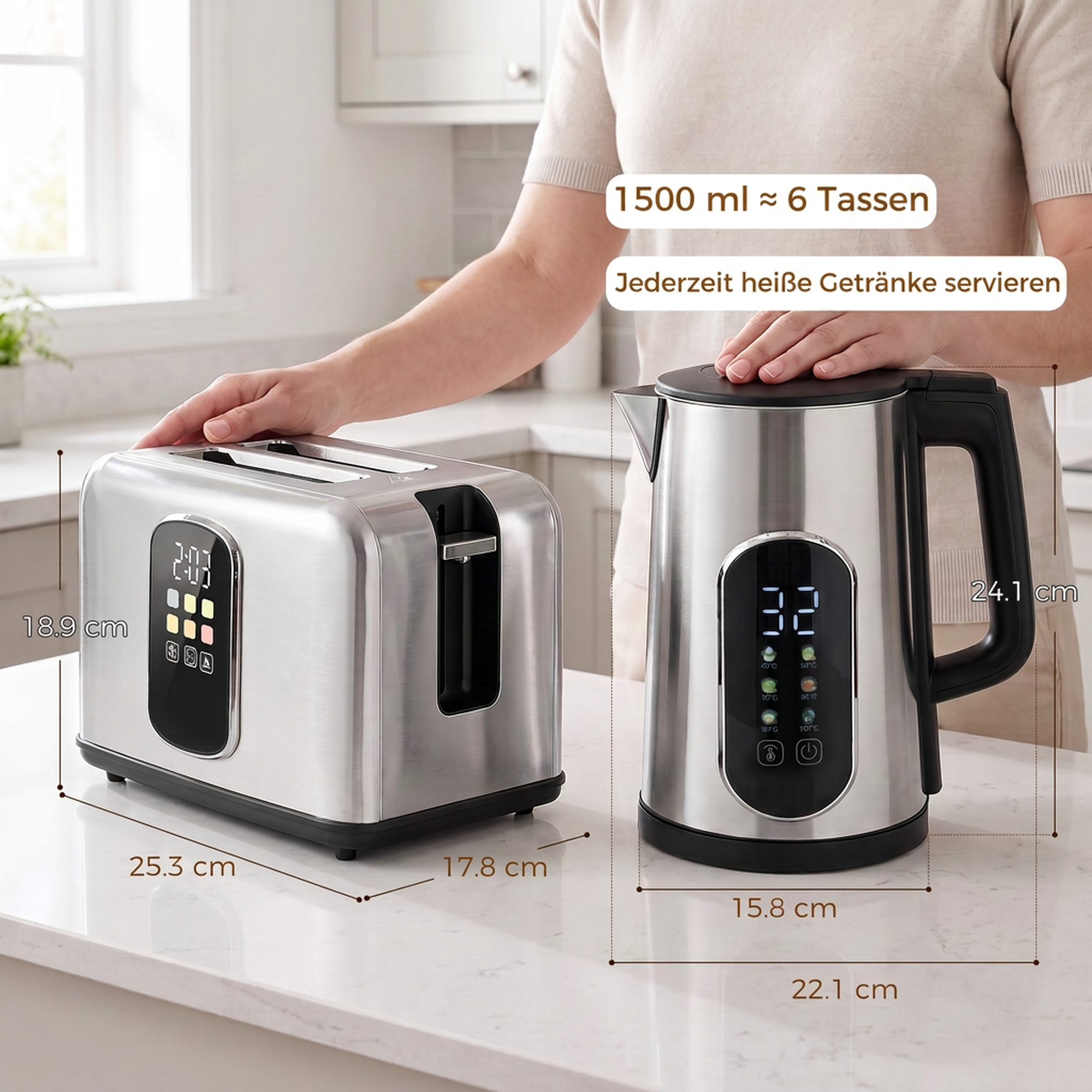 Vedenkeitin- ja leivänpaahdinsetti, 1,5 l, 2200 W, hopea - Image 3