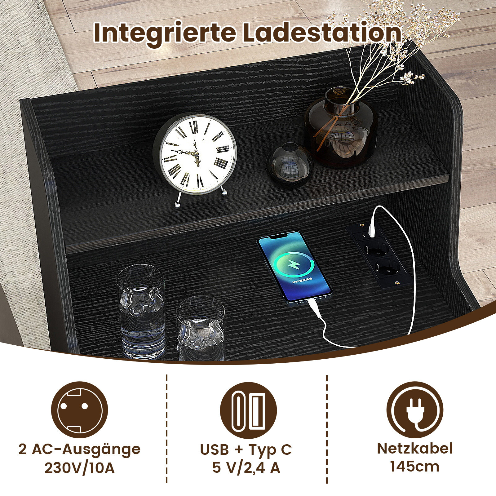 2 LED öökapi komplekt laadimisjaamaga, 2 sahtlit, must - Image 6