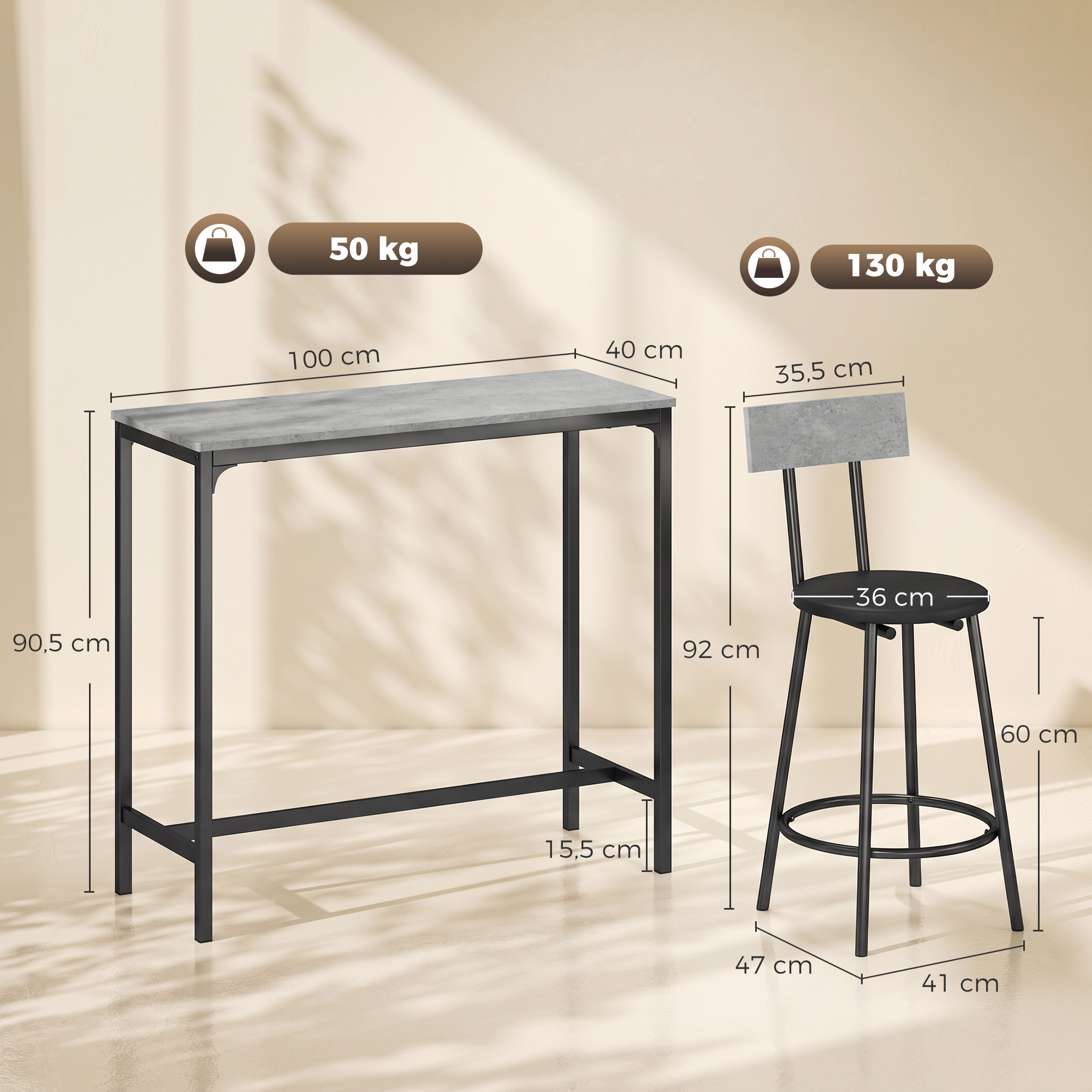 Bāra galda komplekts ar 2 polsterētām taburetēm, pelēks, 100 x 40 x 90,5 cm - Image 3