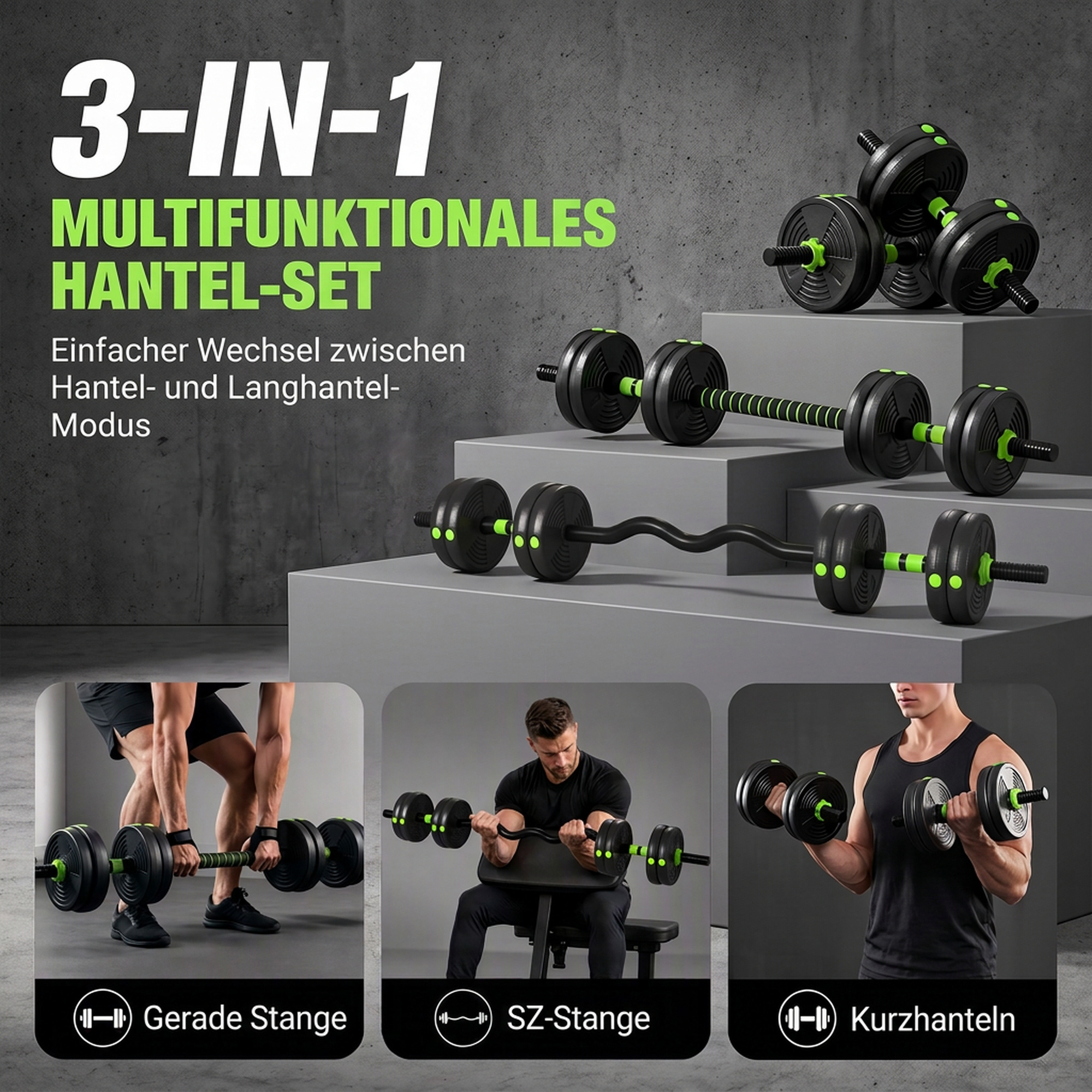 Reguleeritav hantli- ja kangikomplekt, 15 kg, 3-ühes, roheline - Image 4