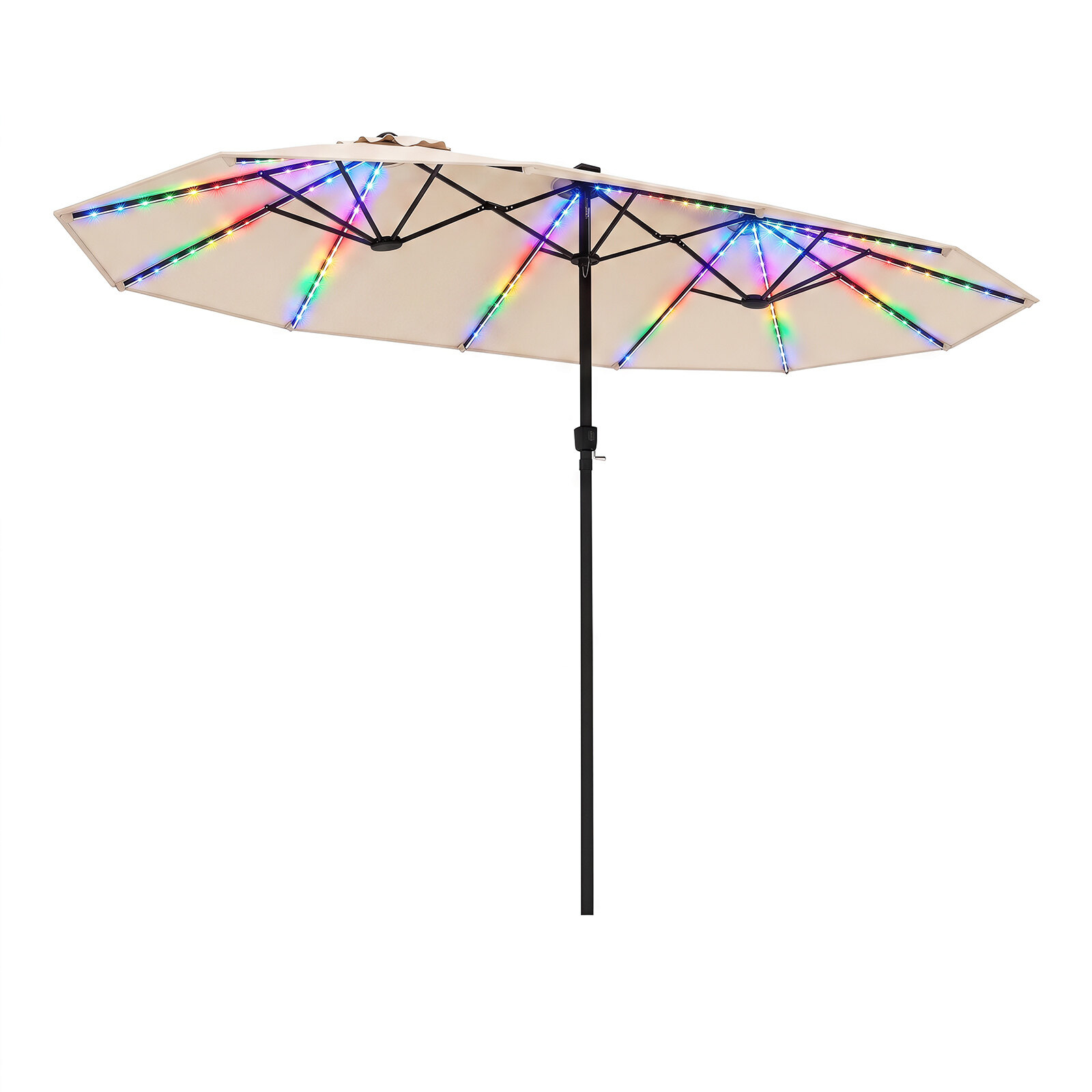Divpusējs terases saulessargs ar 144 saules enerģijas LED gaismām, ar kloķa rokturi, bez pamatnes, bēšs, 470 x 288 cm