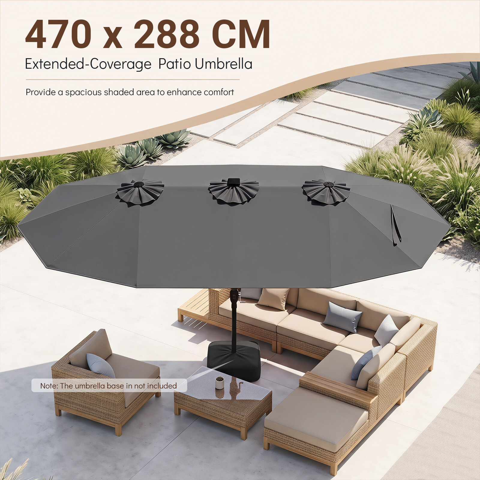 Dvipusis kiemo skėtis su 144 saulės energija maitinamais LED žibintais, pilkas, 470 x 288 cm - Image 3