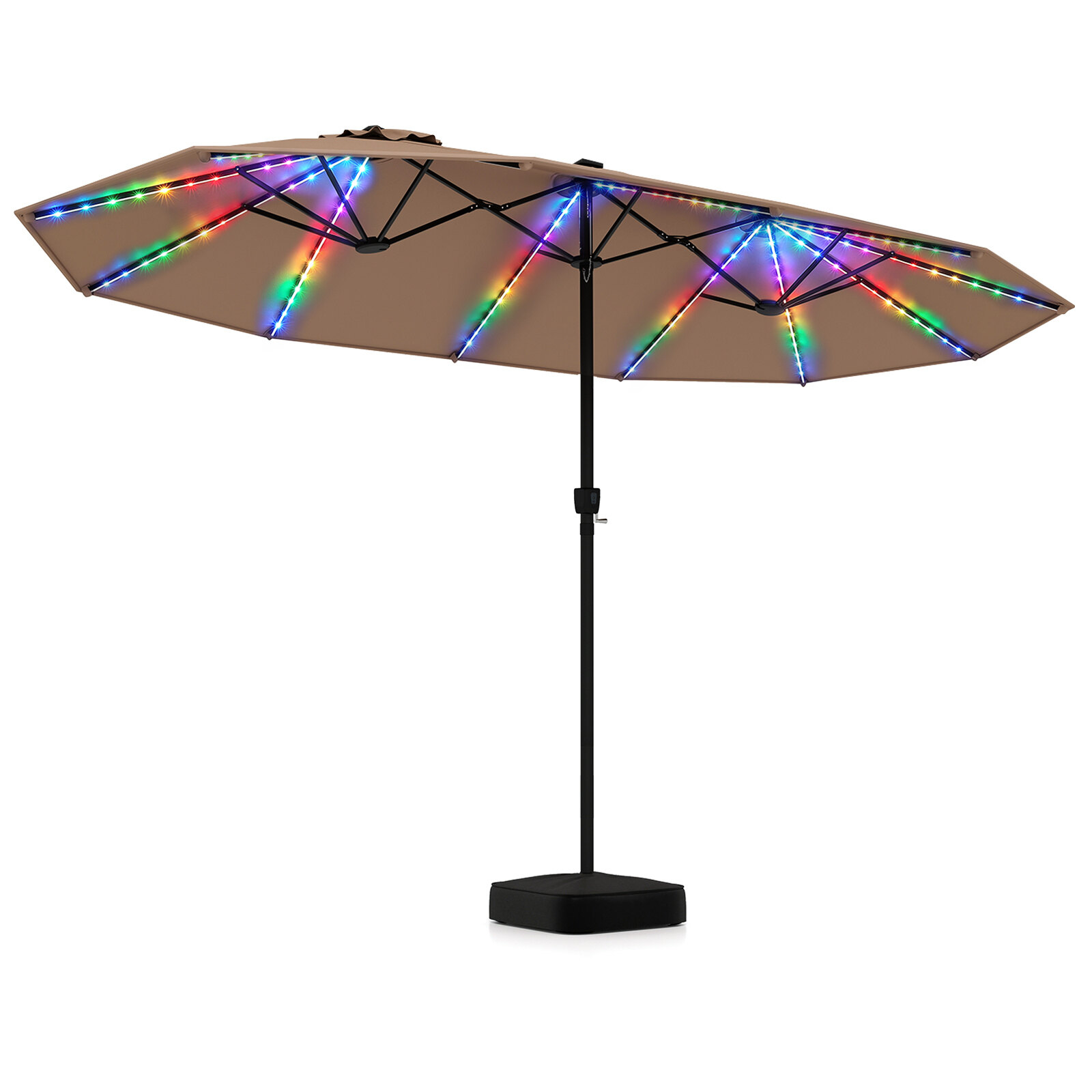 Divpusējs terases saulessargs ar 144 saules LED gaismām, ar kloķa rokturi un pamatni, brūns, 436 x 258 x 254 cm - Image 4