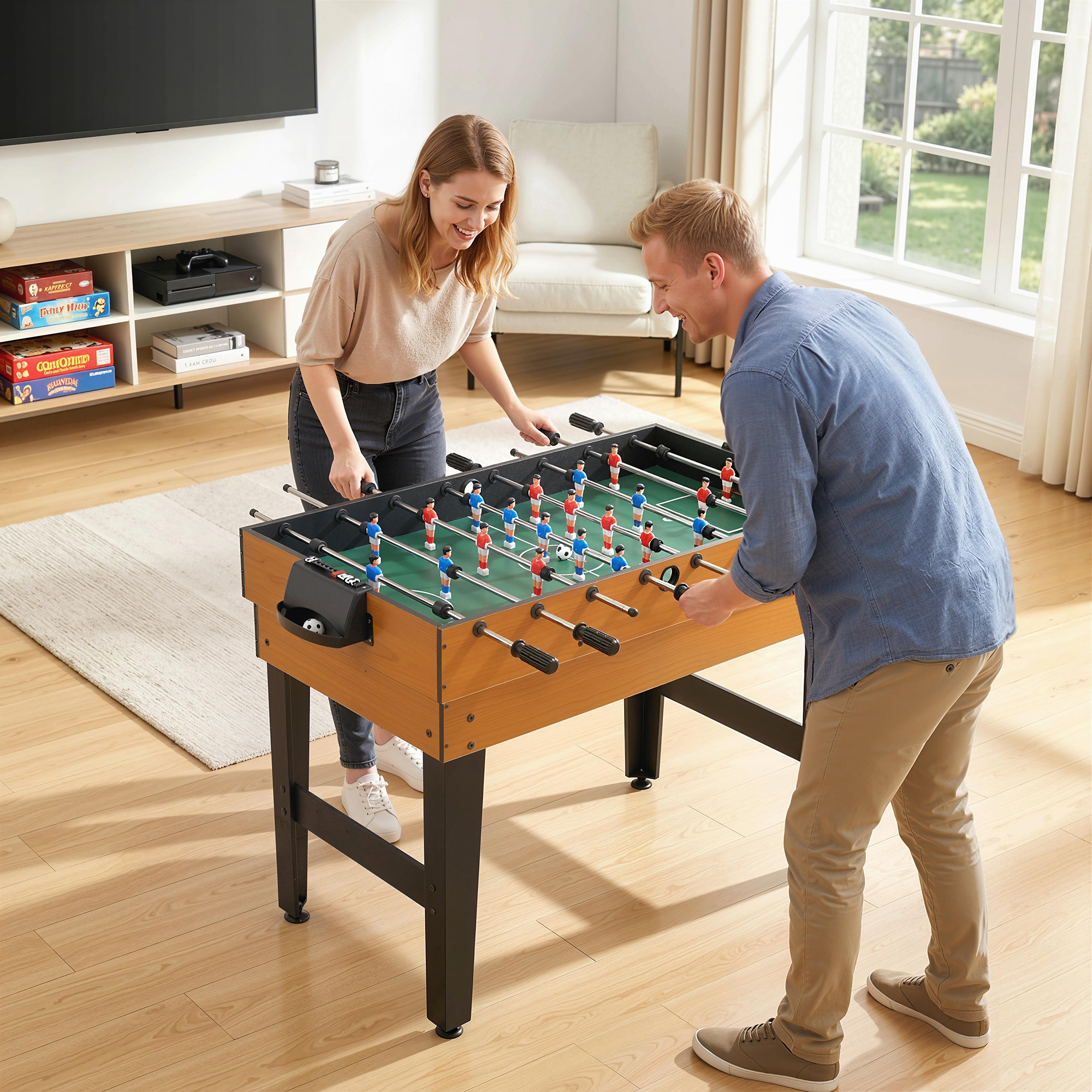 4-in-1 spēļu galds, galda futbols, galda teniss, biljards, galda hokejs, MDF, tērauds, dabīgais koks + melns - Image 2