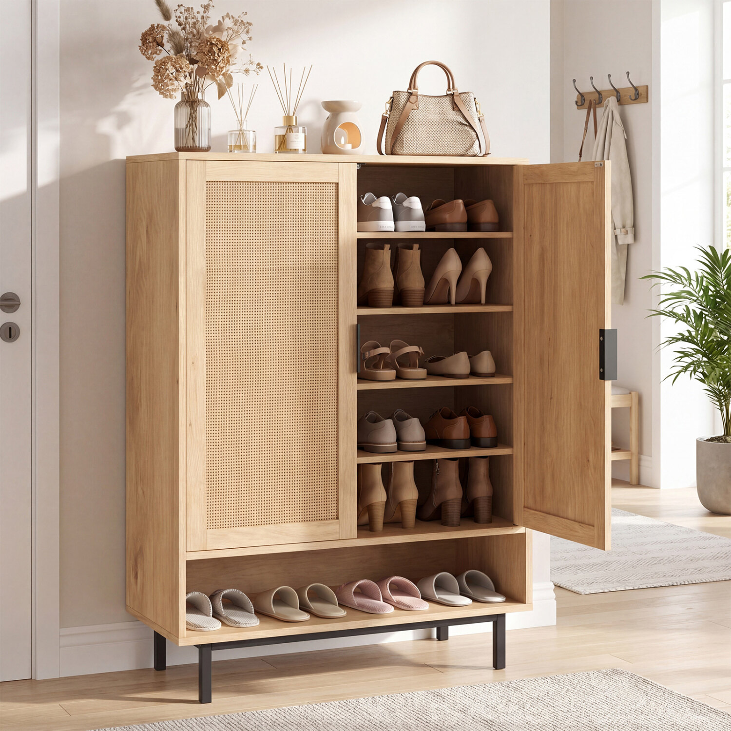 Apavu skapis ar dubultdurvīm, 6 plauktu, melns/dabīgs/balts, 76,2 x 35,6 x 109,2 cm - Image 2
