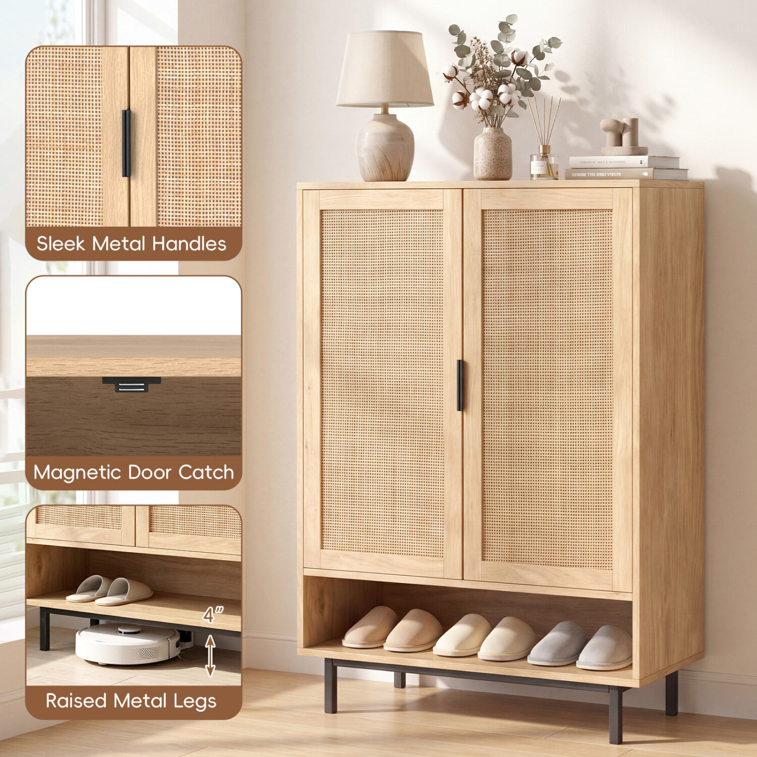 Apavu skapis ar dubultdurvīm, 6 plauktu, melns/dabīgs/balts, 76,2 x 35,6 x 109,2 cm - Image 4
